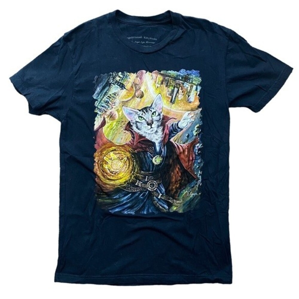 Handmade printed CAT Dr. Who avenger Marvel Tshirt - sz SMALL - navy - cotton